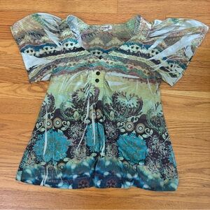 One World Blouse Womens Large Multicolor V-neck Faux Buttons Casual Shirt Y2K